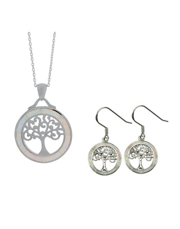 Livets Træ - Opal smykkesæt (vedhæng + øreringe) i sne...