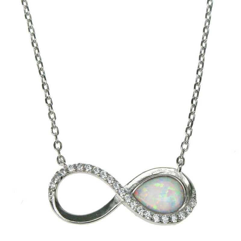 Uendelighed Symbol med Halskde (38 cm) + Opal vedhng med sne (hvid) opal sten, 925 Sterling slv, zirkonia & rhodium belgning