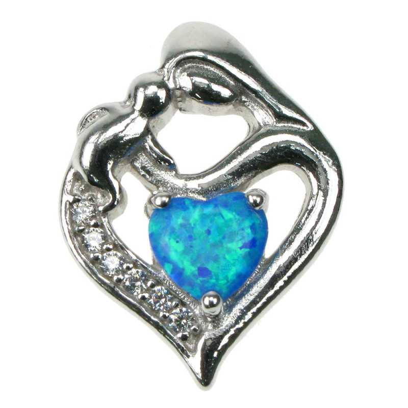 Mor & Barn (Mrk) - Opal smykke vedhng med bl opal sten, 925 Sterling slv, zirkonia & rhodium belgning