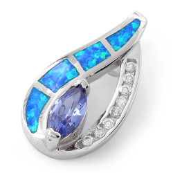 Marquise - Opal smykke vedhæng med blå opal sten, 925 Sterling sølv & rhodium belægning