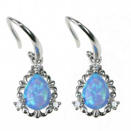 Dråbe - Opal øreringe med blå opal sten, 925 Sterling sølv, zirkonia og rhodium belægning