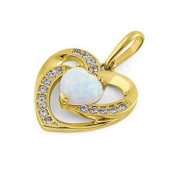 Hjerte - Solid 14K guldsmykke vedhæng med hvid opal sten og zirkonia