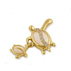 Skildpadde mor og barn - Solid 14K guldsmykke vedhæng med hvid opal sten og zirkonia