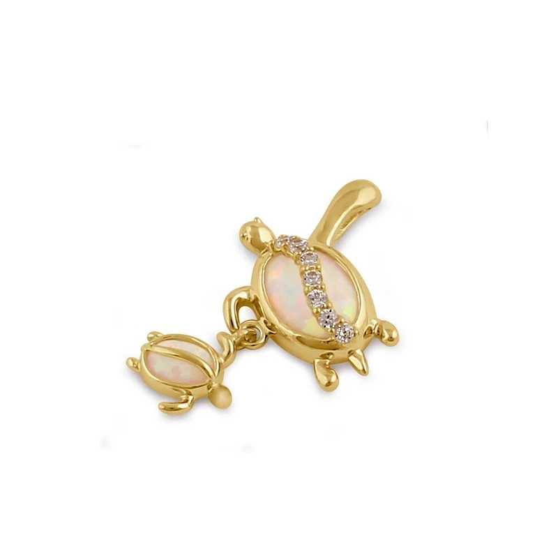 Skildpadde Mor Barn Solid 14k Guldsmykke Vedhæng Med Hvid Opal Sten Zirkonia