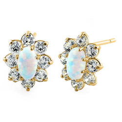 Oval - Massiv 14K guldsmykke øreringe hvid opal sten og zirkonia