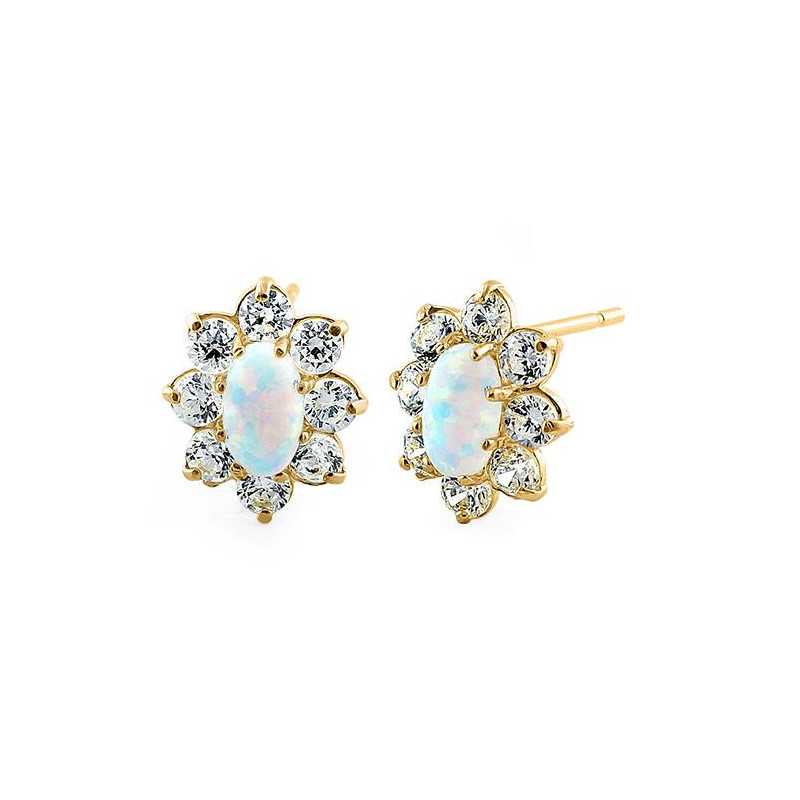 Oval Massiv 14k Guldsmykke øreringe Hvid Opal Sten Zirkonia