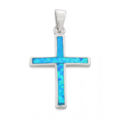 Kors - Opal smykke vedhæng med blå opal sten, 925 Sterling sølv & rhodium belægning