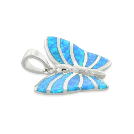 Sommerfugl - Opal smykke vedhæng med blå opal sten, 925 Sterling sølv & rhodium belægning