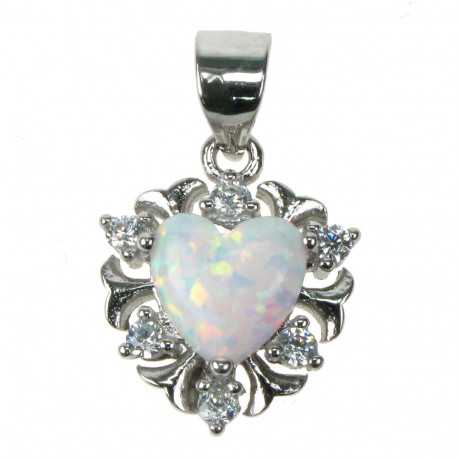 Sne opal hjerte - Opal smykke vedhæng med hvid sne opal sten, 925 Sterling sølv, zirkonia & rhodium belægning
