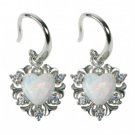 Sne opal hjerte - Opal øreringe med hvid sne opal sten, 925 Sterling sølv, zirkonia & rhodium belægning