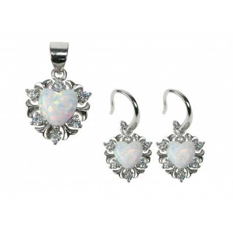 Sne opal hjerte smykkesæt med øreringe + vedhæng med hvid sne opal sten, 925 Sterling sølv, zirkonia & rhodium belægning Sne opal hjerte smykkesæt med øreringe + vedhæng med hvid sne opal sten, 925 Sterling sølv, zirkonia & rhodium belægning