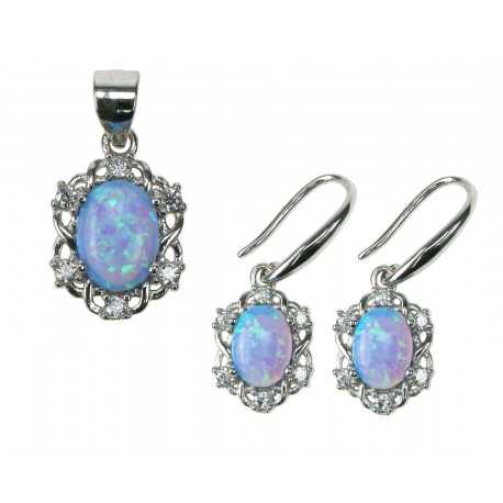 Himmelblå Oval - Opal Smykkesæt med øreringe og vedhæng med blå opal sten, 925 Sterling sølv, zirkonia & rhodium belægning