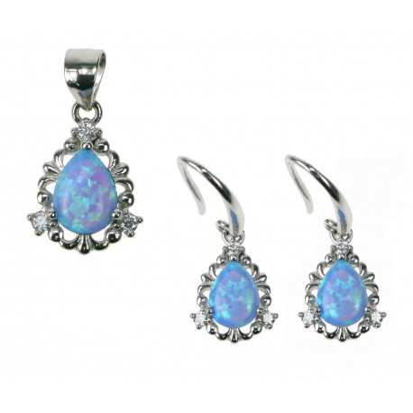 Dråbe - Opal Smykkesæt med øreringe og vedhæng med blå opal sten, 925 Sterling sølv, zirkonia & rhodium belægning Dråbe - Opal Smykkesæt med øreringe og vedhæng med blå opal sten, 925 Sterling sølv, zirkonia & rhodium belægning