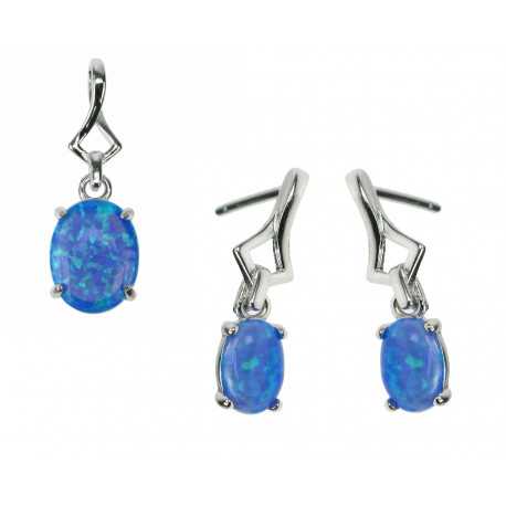 Havblå Oval - Opal Smykkesæt med øreringe og vedhæng med blå opal sten, 925 Sterling sølv & rhodium belægning
