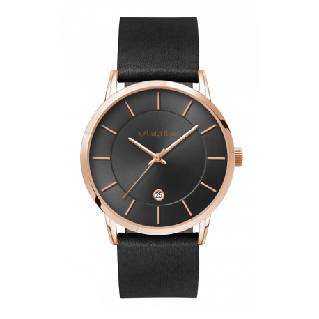 Luigi Ricci Eleganza Roma Classica - Sort unisex ur med rosa guld og læder rem