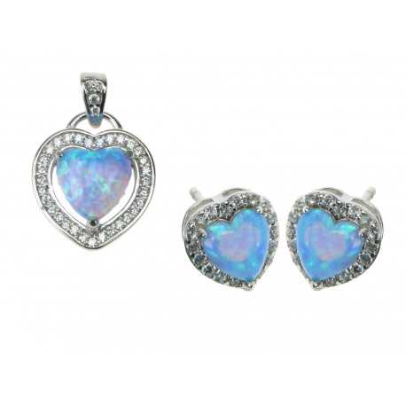 Hjerte - Blå Opal Smykkesæt med øreringe og vedhæng med blå sne opal sten, 925 Sterling sølv, zirkonia & rhodium belægning