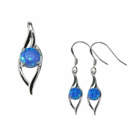 Blå Bølger - 925 Sterling sølv smykkesæt med vedhæng + øreringe med blå opal sten og rhodium belægning