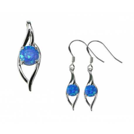 Blå Bølger - 925 Sterling sølv smykkesæt med vedhæng + øreringe med blå opal sten og rhodium belægning Blå Bølger - 925 Sterling sølv smykkesæt med vedhæng + øreringe med blå opal sten og rhodium belægning