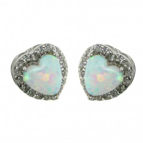 Billede af Hjerte - Opal øreringe med hvid sne opal sten, 925 Sterling sølv & rhodium belægning