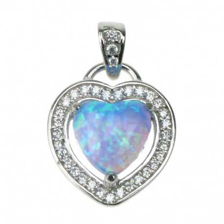 Hjerte - Opal smykke vedhæng med blå opal sten, 925 Sterling sølv, zirkonia & rhodium belægning
