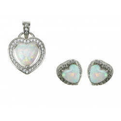 Hjerte - Hvid Sne Opal Smykkesæt med øreringe og vedhæng med hvid sne opal sten, 925 Sterling sølv, zirkonia & rhodium belægning