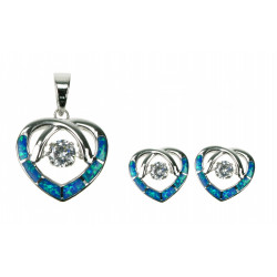 Opal Hjerte - Opal smykkesæt (vedhæng + øreringe) i blå opal med zirkonia og 925 Sterling sølv