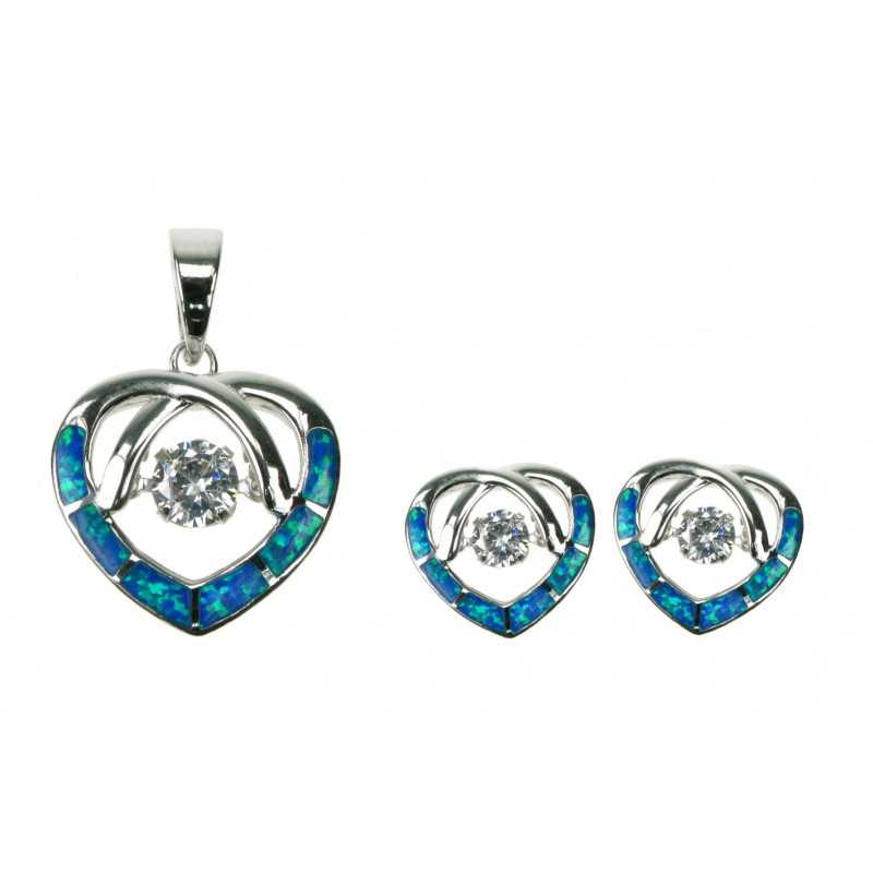 Opal Hjerte - Opal smykkest med vedhng + reringe med bl opal sten, zirkonia og 925 Sterling slv