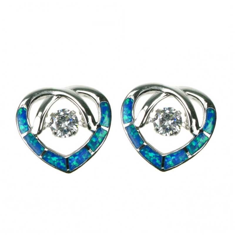 Opal hjerte - Opal reringe med bl opal sten, 925 Sterling slv, Zirkonia & rhodium belgning