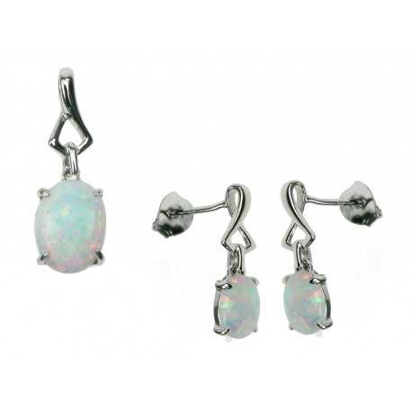 Oval - Opal smykkesæt i sne opal (vedhæng + øreringe) Oval - Opal smykkesæt i sne opal (vedhæng + øreringe)