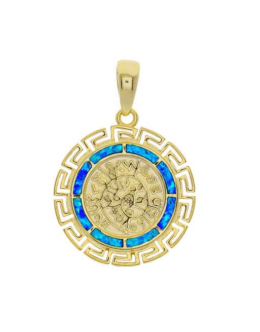 Se Phaistos Disc / Gaia - Smykke vedhæng med blå opal sten, 925 Sterling sølv & guldbelægning hos OpalSmykker.dk